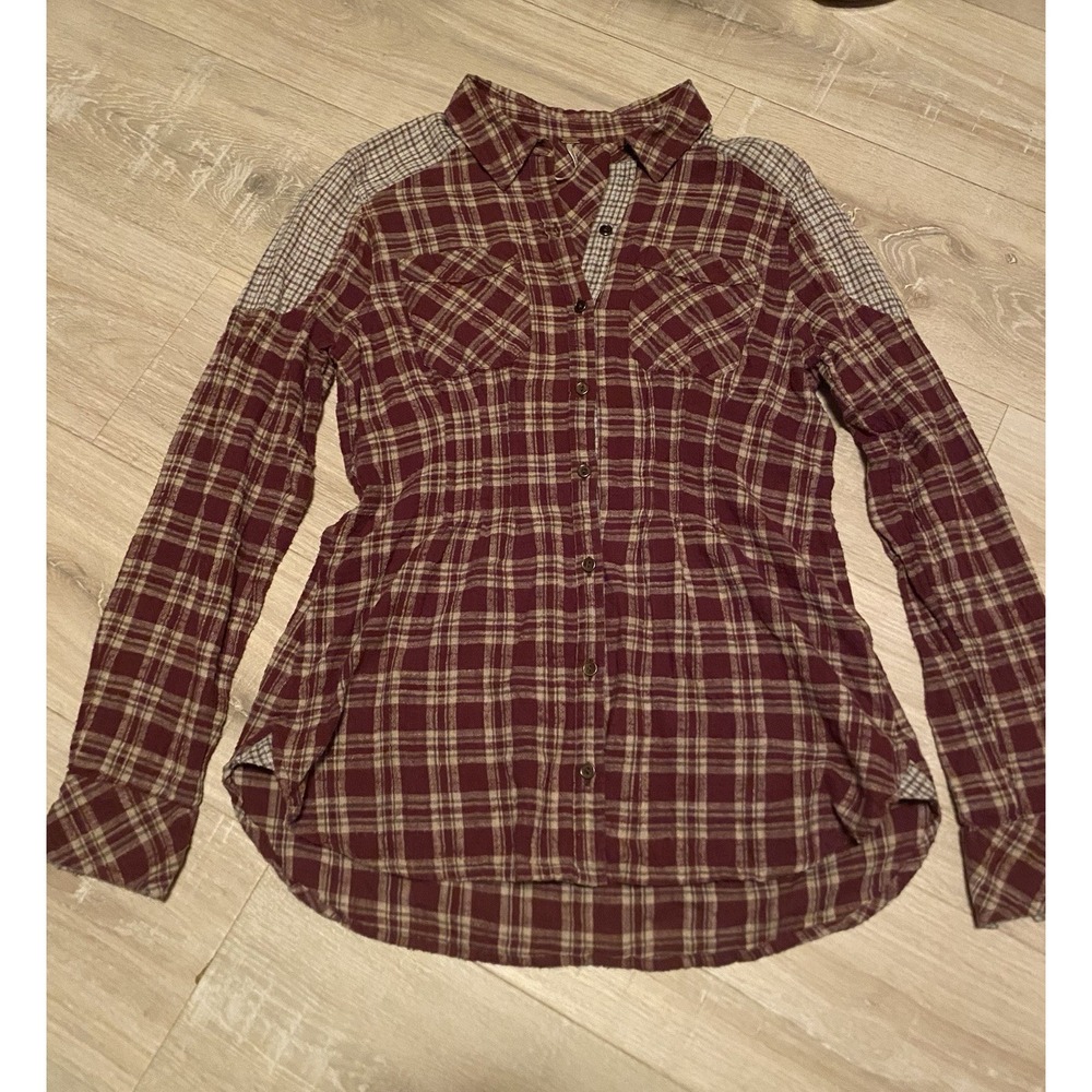 Free People Plaid & Check Long Sleeve Buttondown Collared Pocket Shirt Top S
